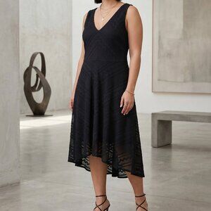 DKNY Aztec Textured Black V-Neck High Low Fit & Flare Dress